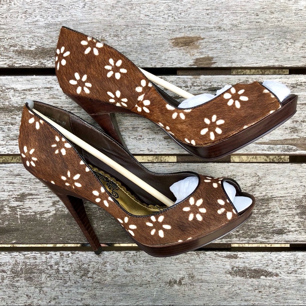 NIB Naughty Monkey Brown Hair Calf Pony Heel Pumps